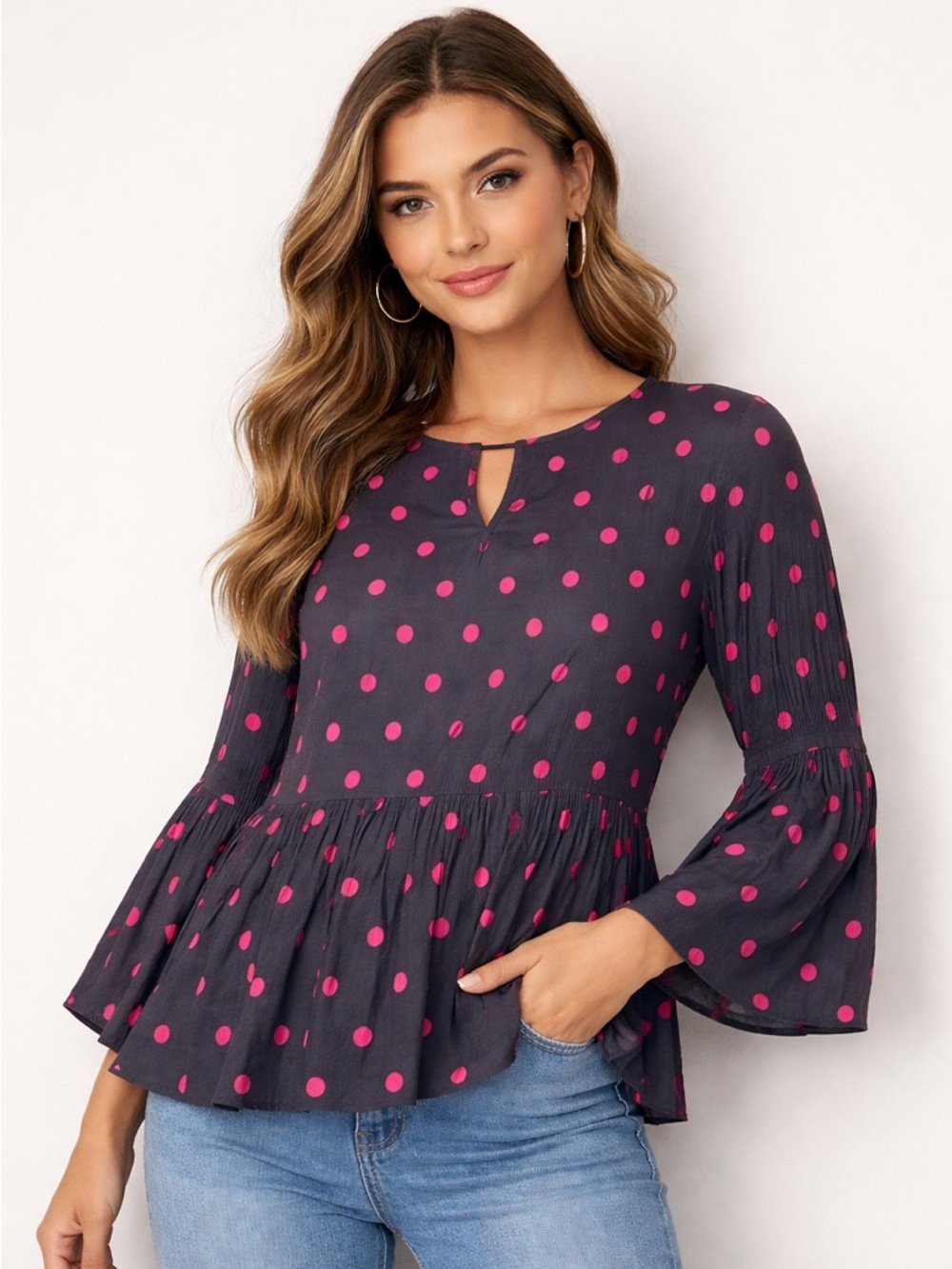 Floral & Ivy Blouse Womens Medium Black Pink Polka Dot Bell‎ Sleeve Boho Retro